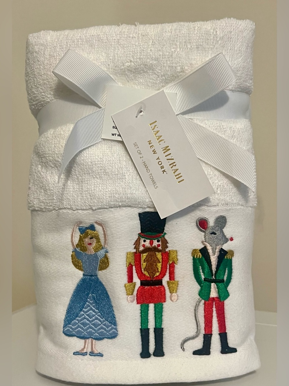 NWT Isaac Mizrahi Set of 2 Hand Towels  - Embroidered Nutcracker - White - Cotto